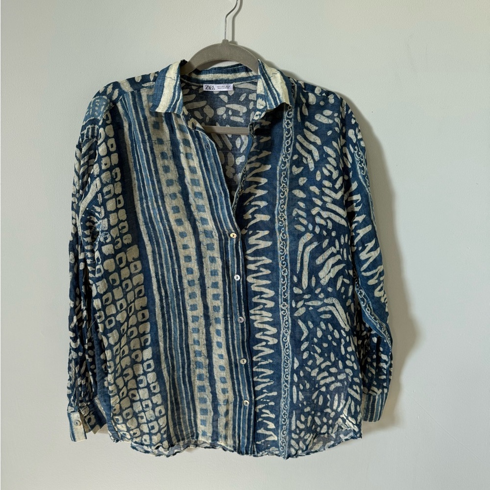 Zara - Linen Blend‎ Blue Printed Button Down Long Sleeve Blouse Size S
